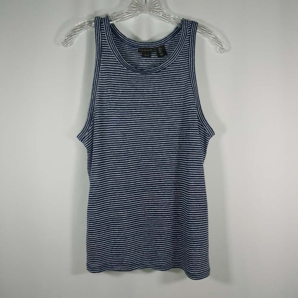 Tahari Navy Blue and White Stripe Linen Sleeveless Tank Top Size L